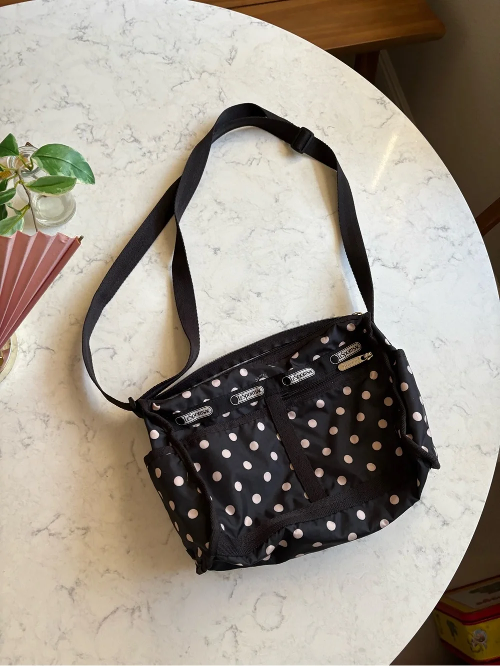 LeSportsac Black with Pink Polka Dot Crossbody Shoulder Bag
